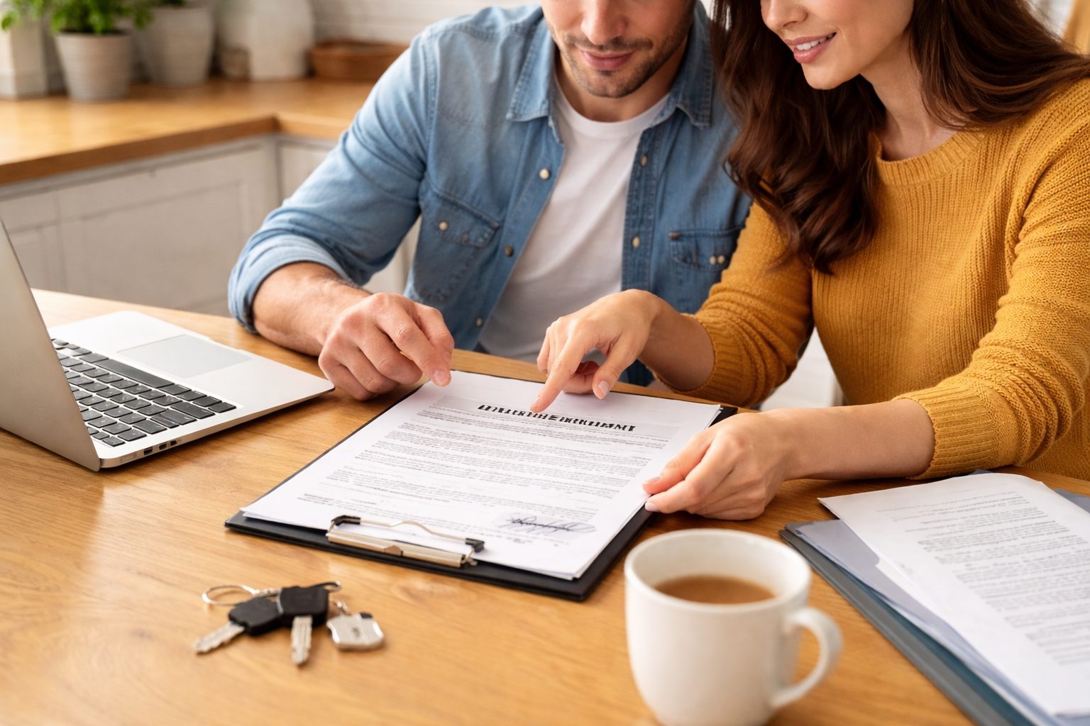Buyers reviewing a signed purchase agreement at a kitchen table
