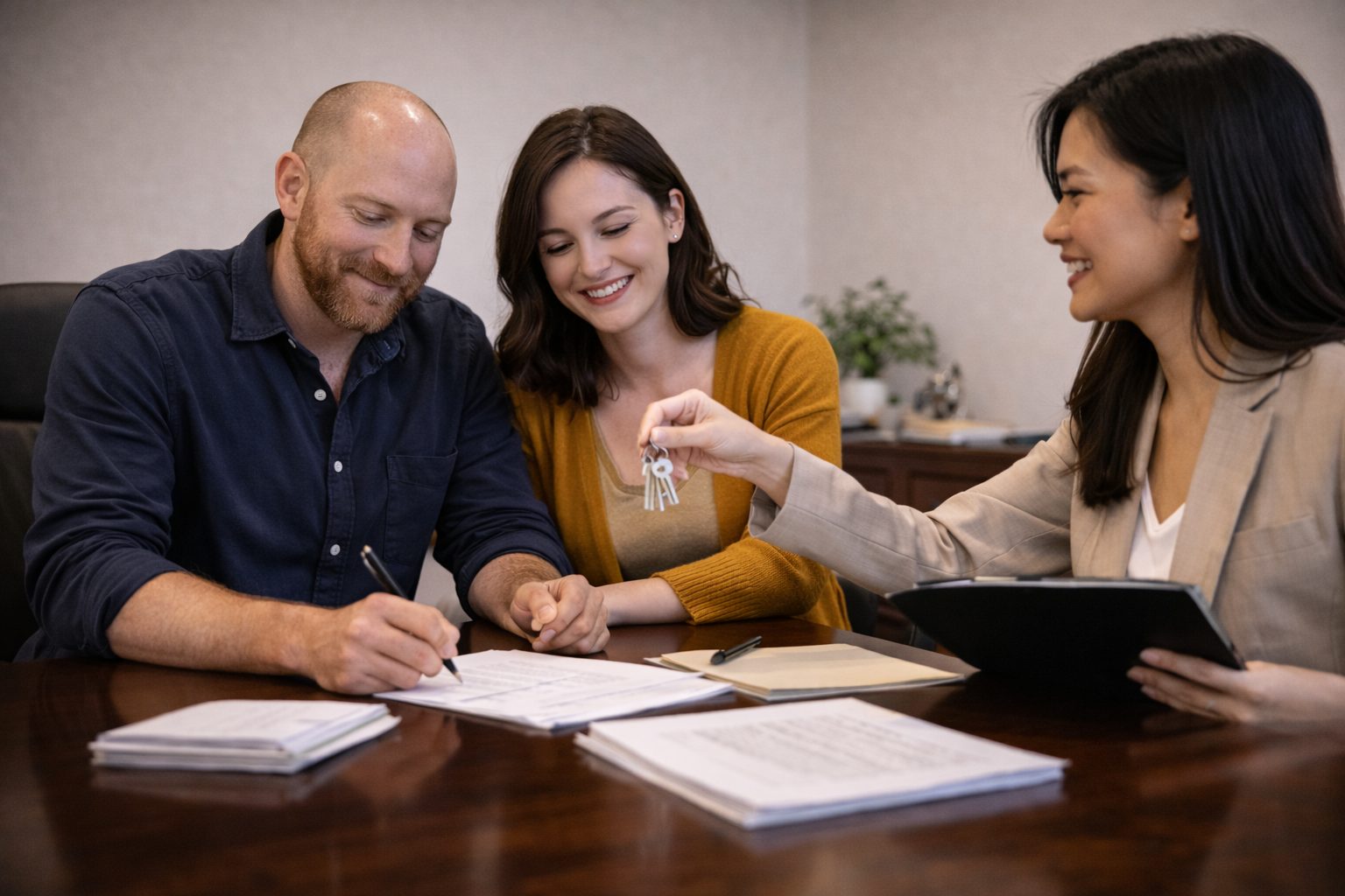 Home buyers signing closing documents and receiving keys at a Michigan title company
