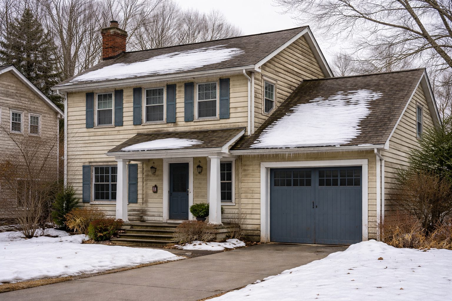 Michigan home exterior showing winter wear and deferred maintenance on roof and siding