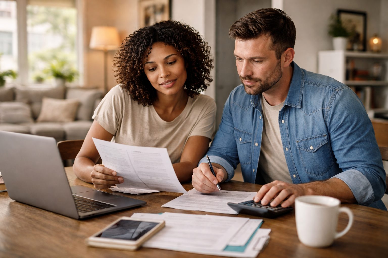 First-time home buyers reviewing finances and paperwork at home in Michigan