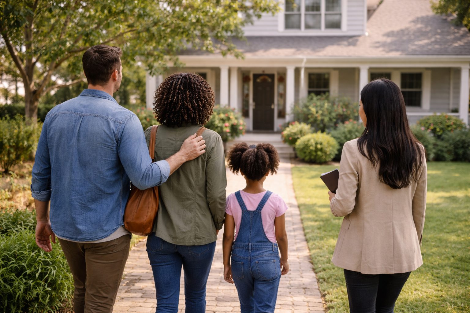 First-time home buyers walking toward a home with their real estate agent in Southeast Michigan