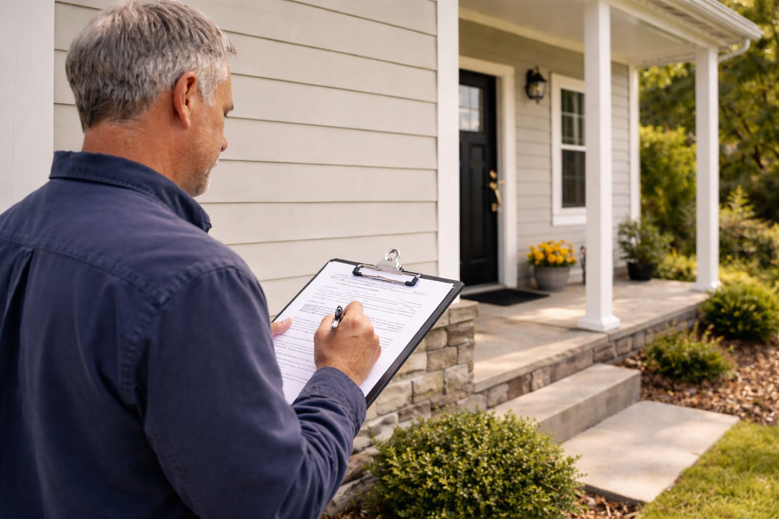 Home appraiser taking notes outside a house