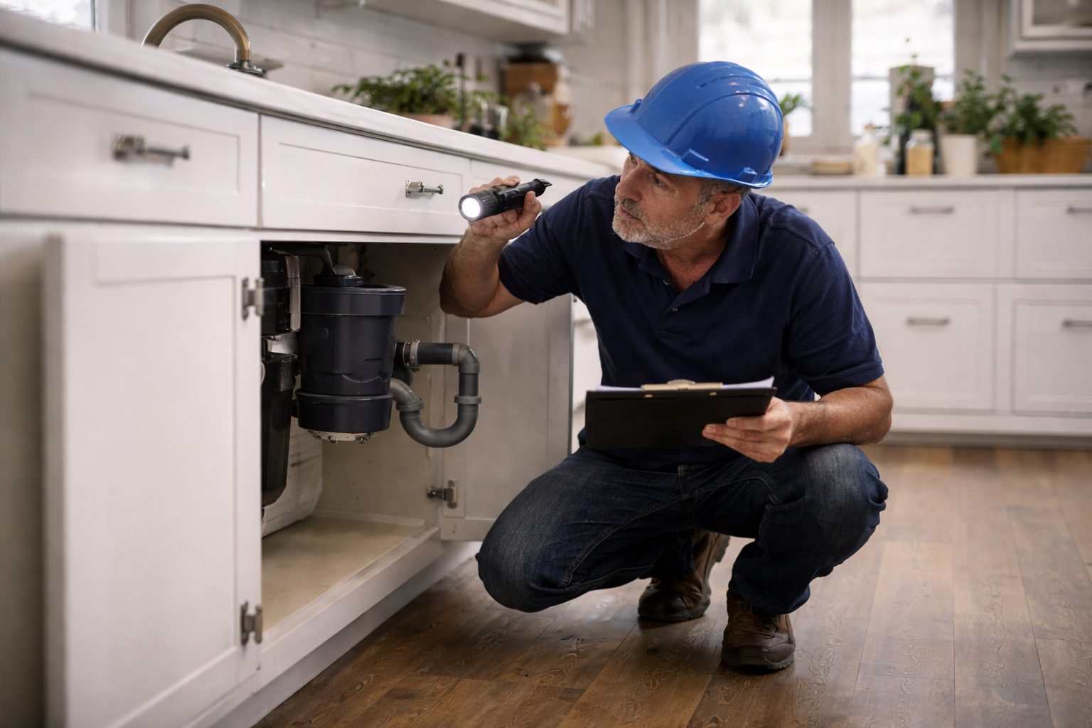 Home inspector examining kitchen plumbing during a home inspection in Michigan