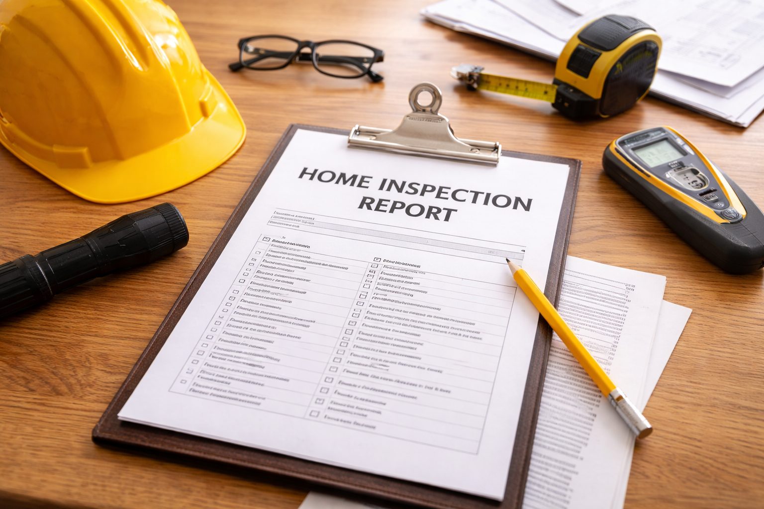 Home inspection report with tools on a table