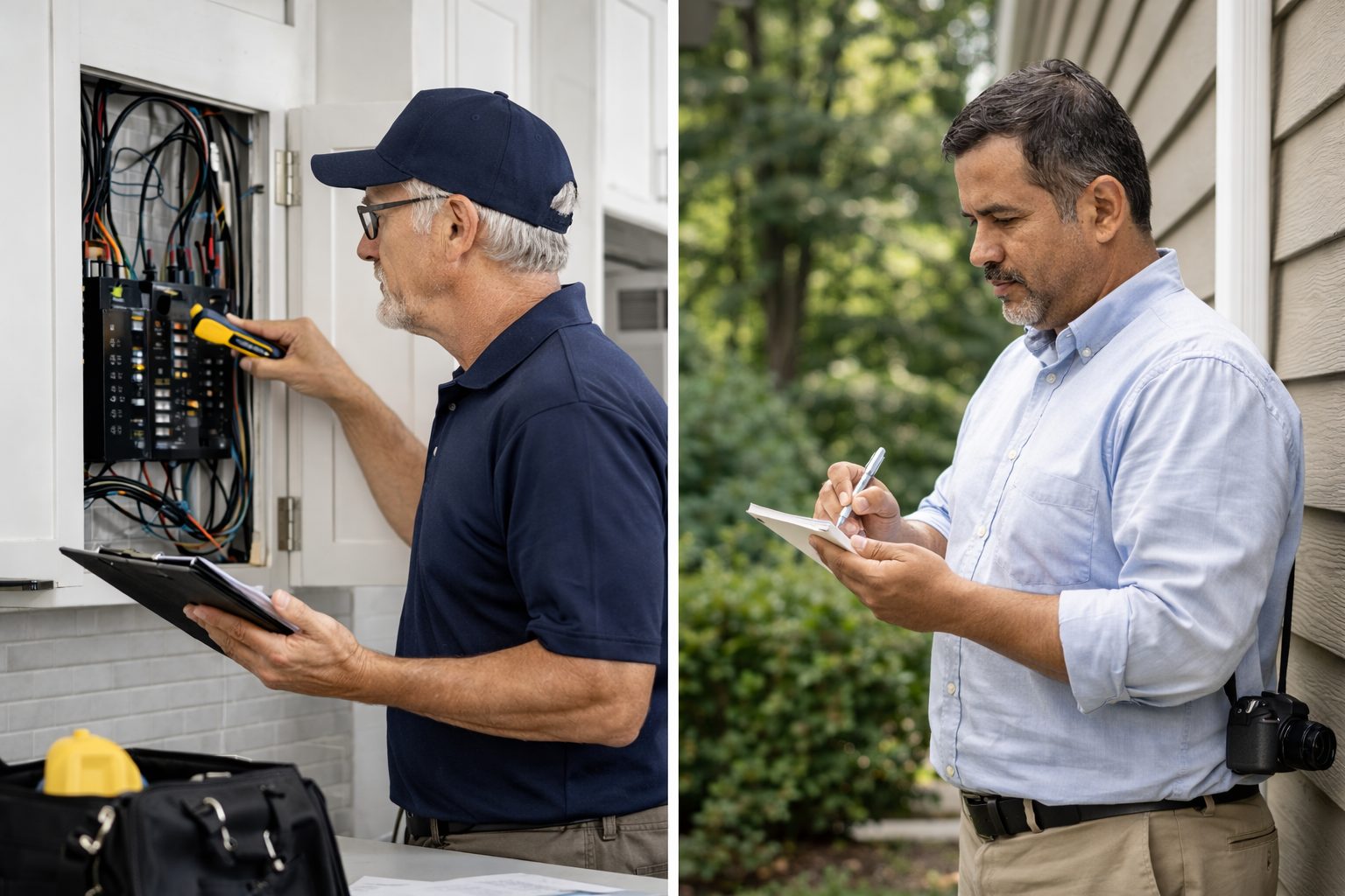 Home inspector reviewing an electrical panel inside a house and an appraiser evaluating the exterior condition of a home in Michigan