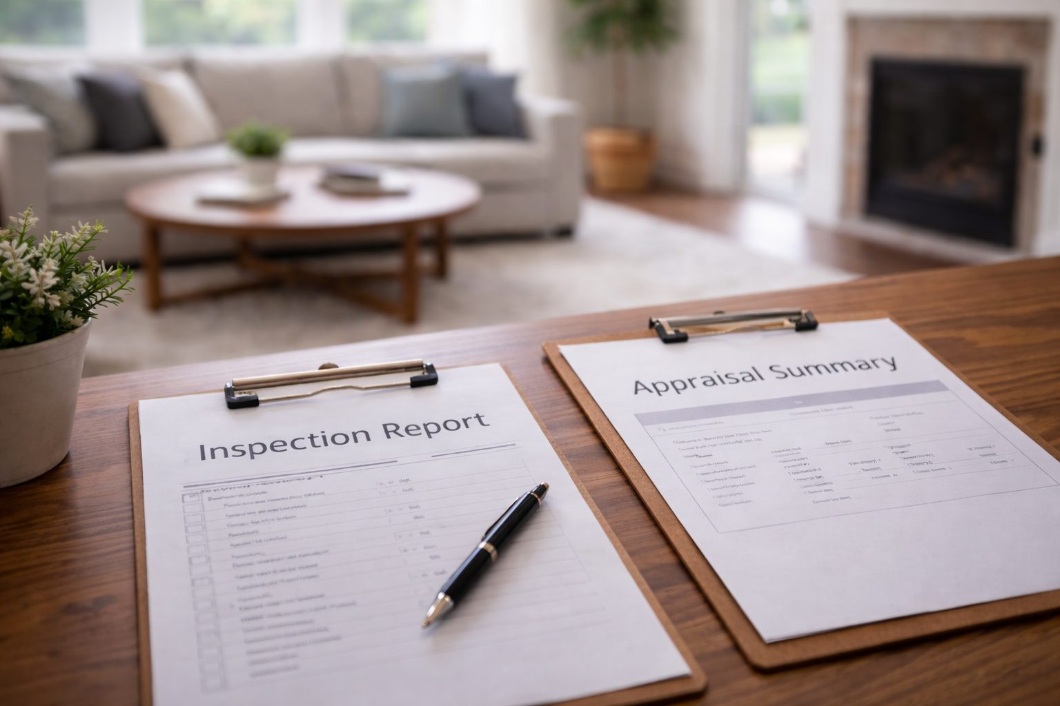 Inspection report and appraisal summary documents on a table inside a home, showing two different steps in the Michigan home buying process