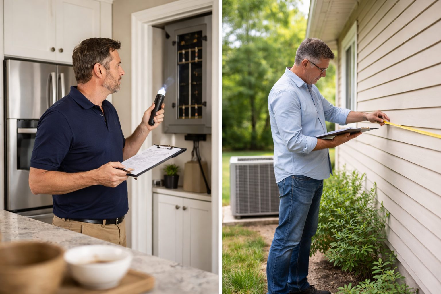Home inspection and appraisal happening at the same time, with an inspector reviewing systems inside a home and an appraiser measuring the exterior