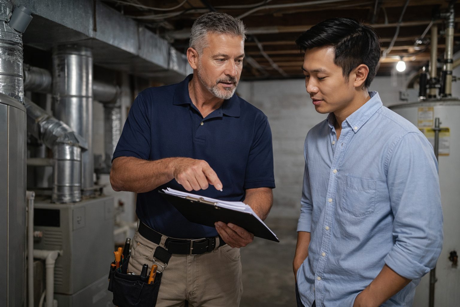 Home inspector explaining basement inspection findings to a buyer during a Michigan home inspection