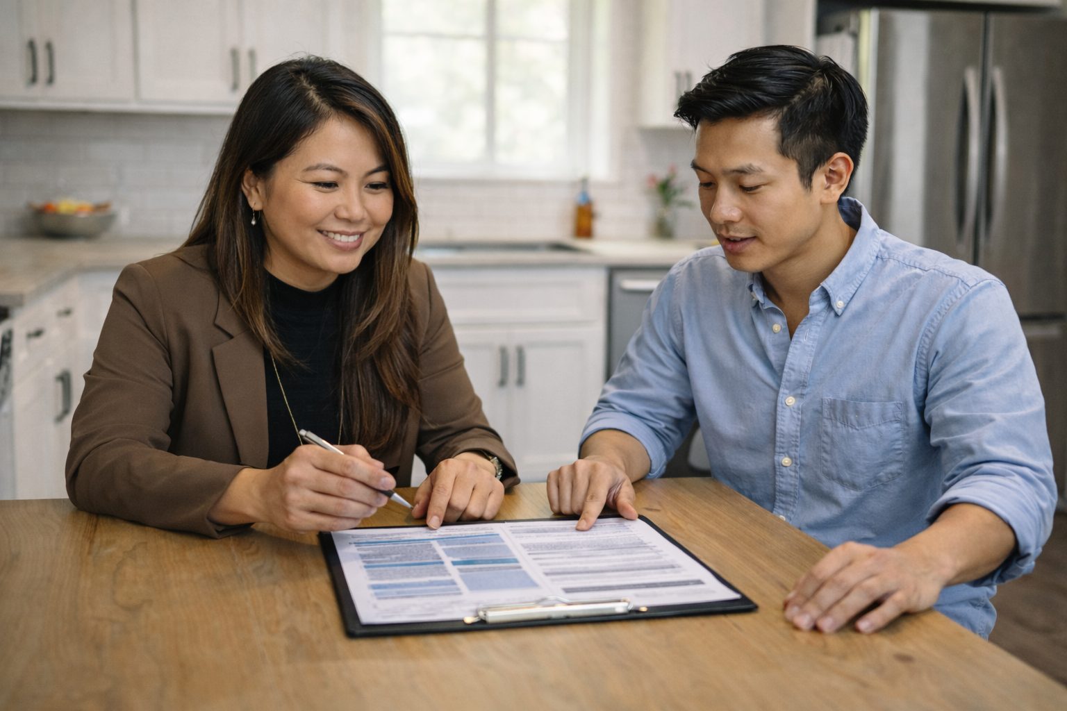 Home inspector reviewing an inspection report with a buyer at a kitchen table during a Michigan home inspection
