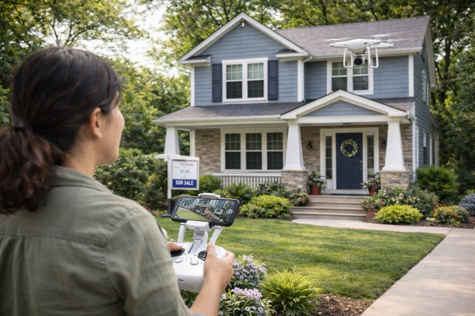 Real estate photographer using a drone to photograph the exterior of a Michigan home being prepared for sale