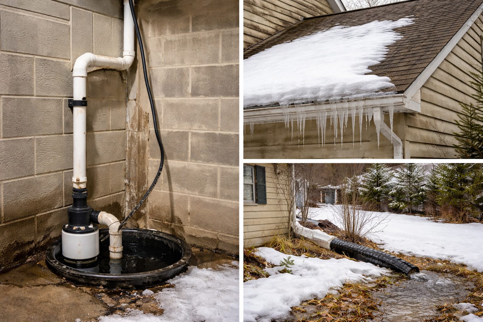 Michigan home showing ice dams on roof, sump pump system, and winter drainage conditions