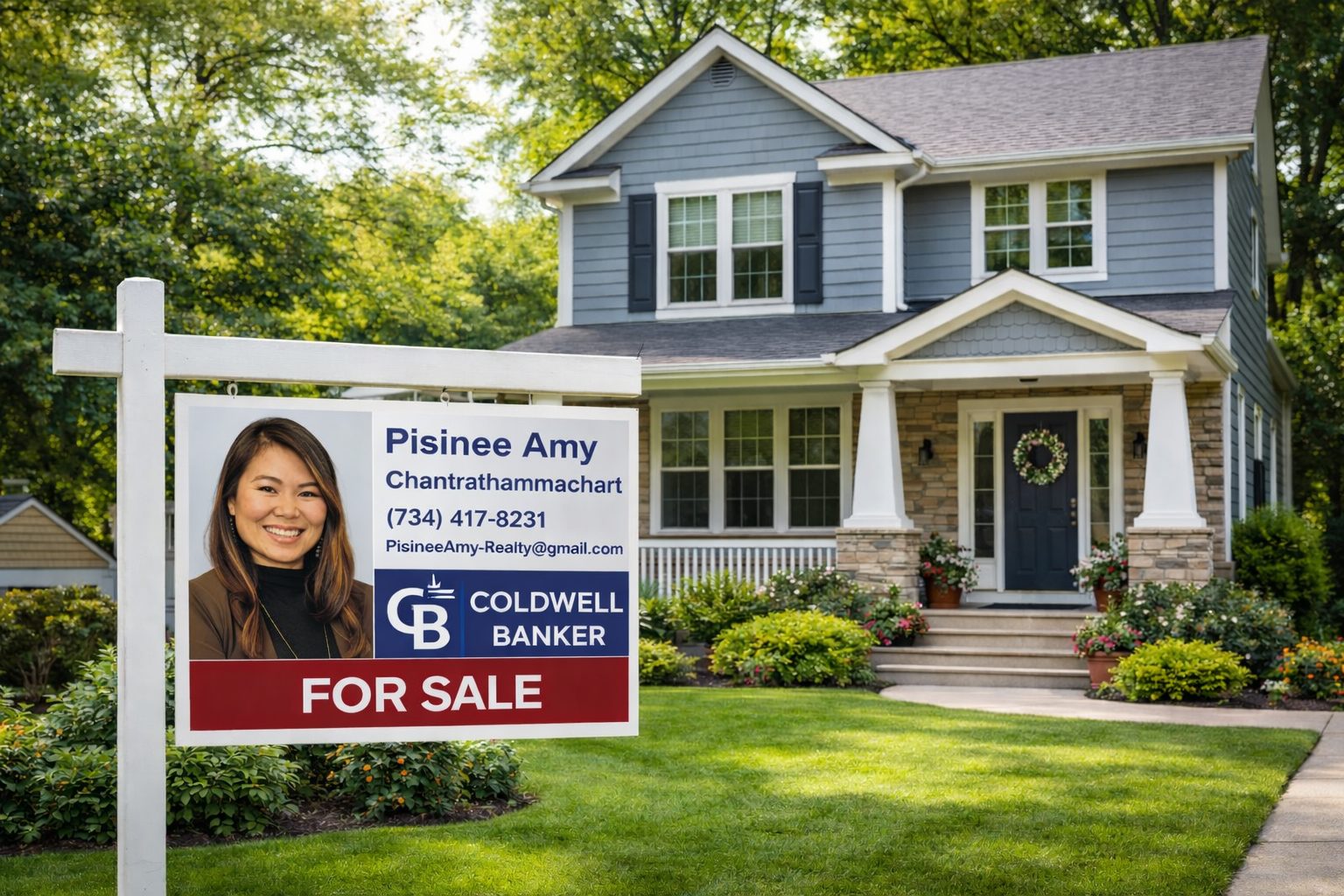 For sale sign in front of a Michigan home with Coldwell Banker branding and real estate agent Pisinee Amy Chantrathammachart
