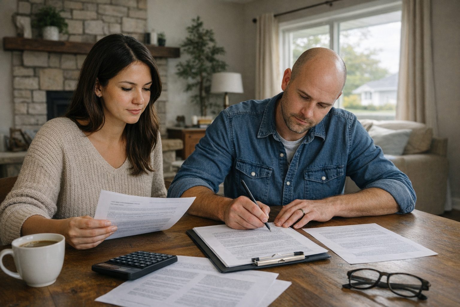 Home buyers reviewing paperwork inside a Michigan home while preparing to purchase