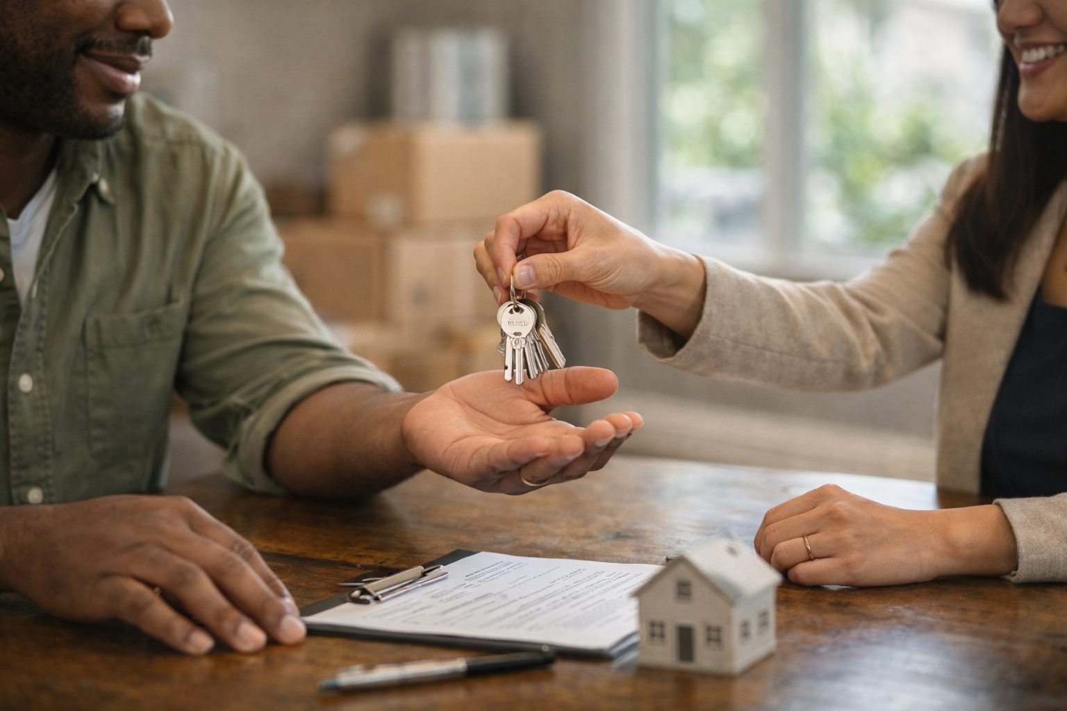 Real estate agent handing house keys to a buyer at a Michigan closing table