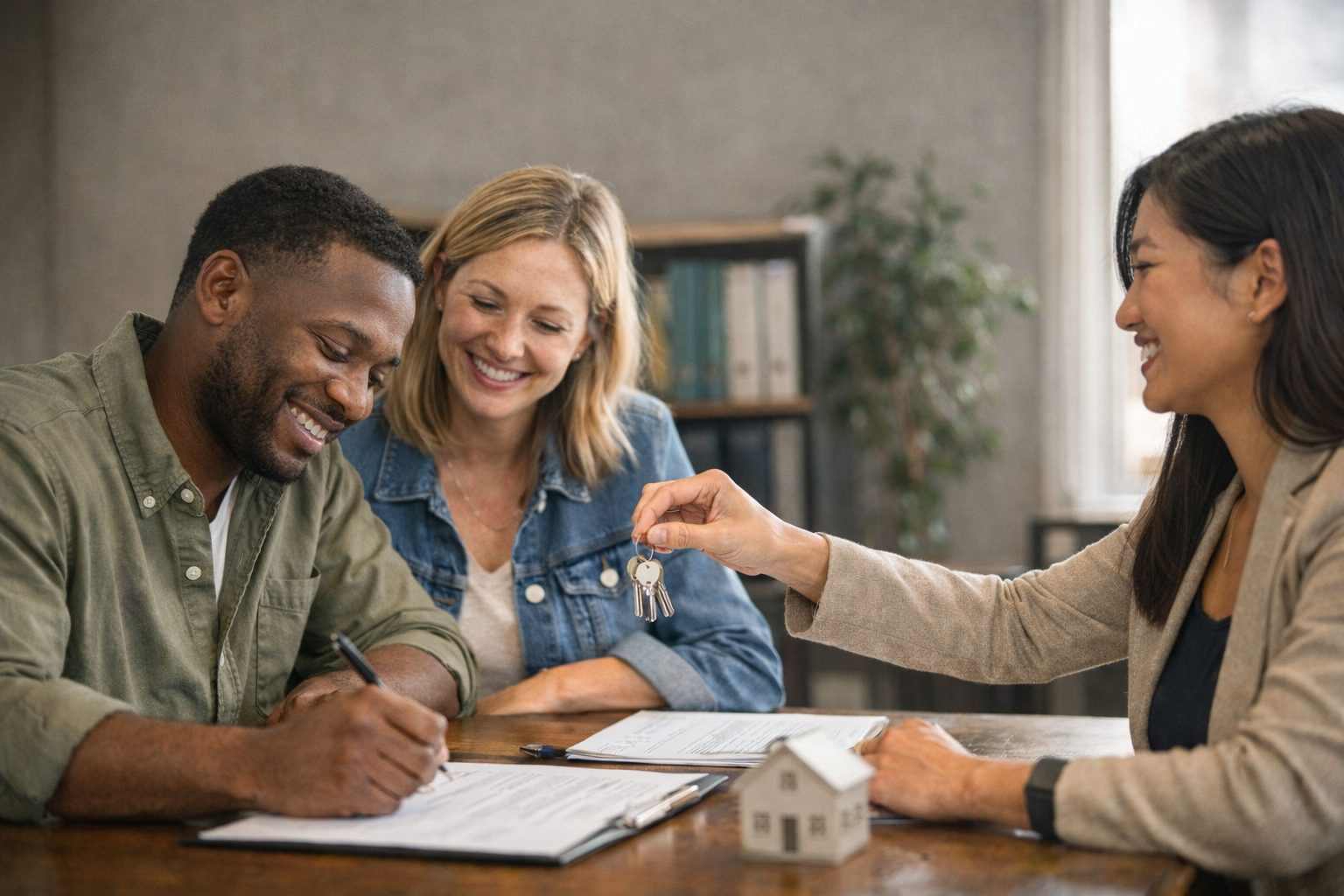 Buyers signing closing documents at a Michigan title company while receiving keys from their real estate agent