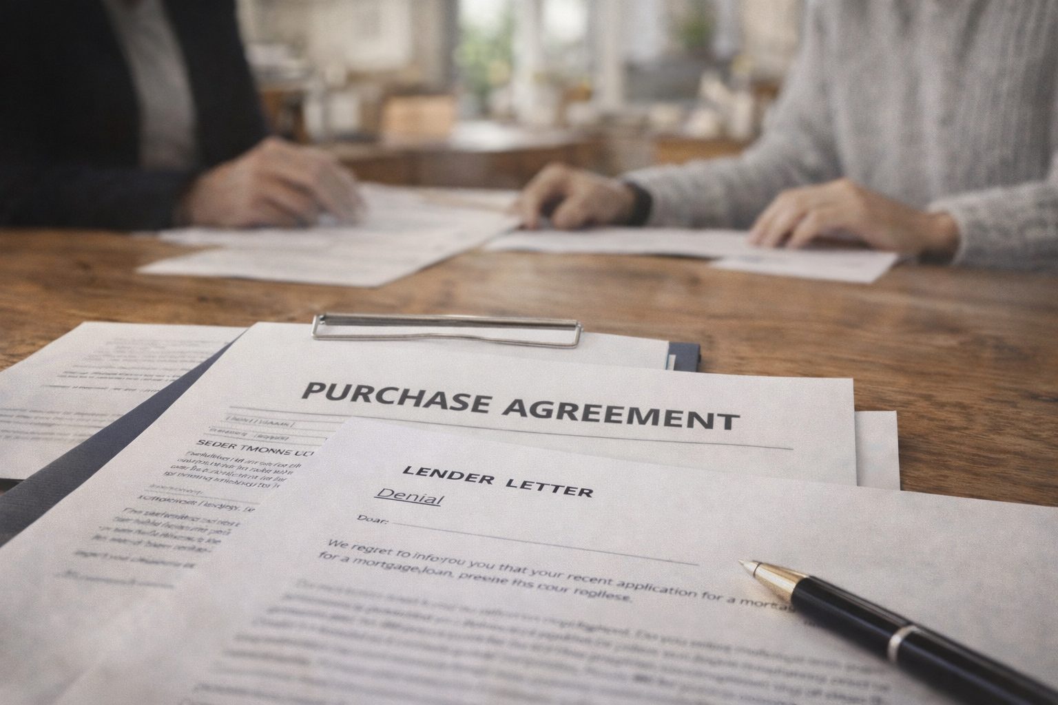 Purchase agreement and lender denial letter on a table representing a financing contingency situation in a Michigan real estate transaction