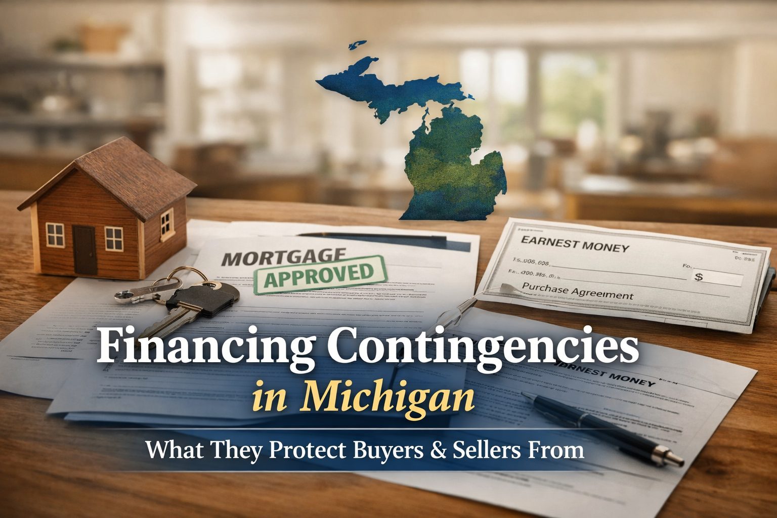 Mortgage approval documents, earnest money check, and purchase agreement on a table representing financing contingencies in a Michigan real estate transaction