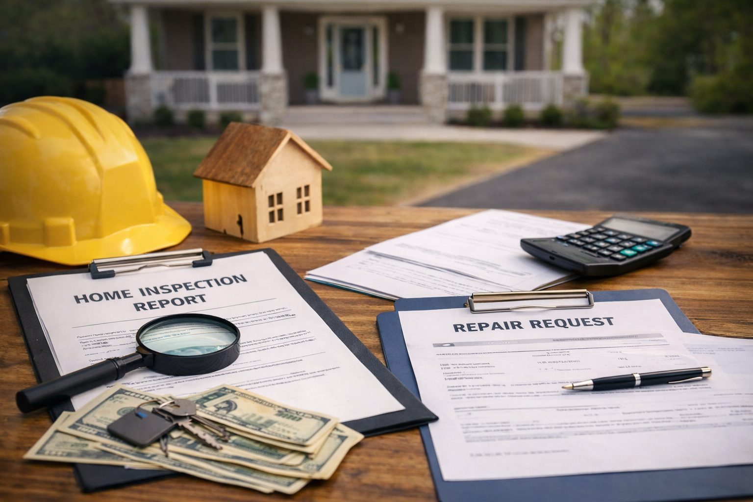Home inspection report and repair request documents on a table outside a Michigan home