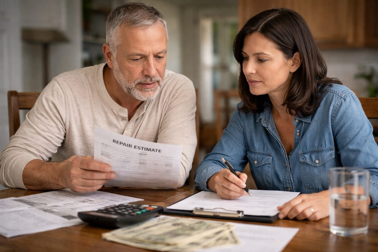 Homeowners reviewing repair estimate and inspection documents at a kitchen table during a Michigan home purchase