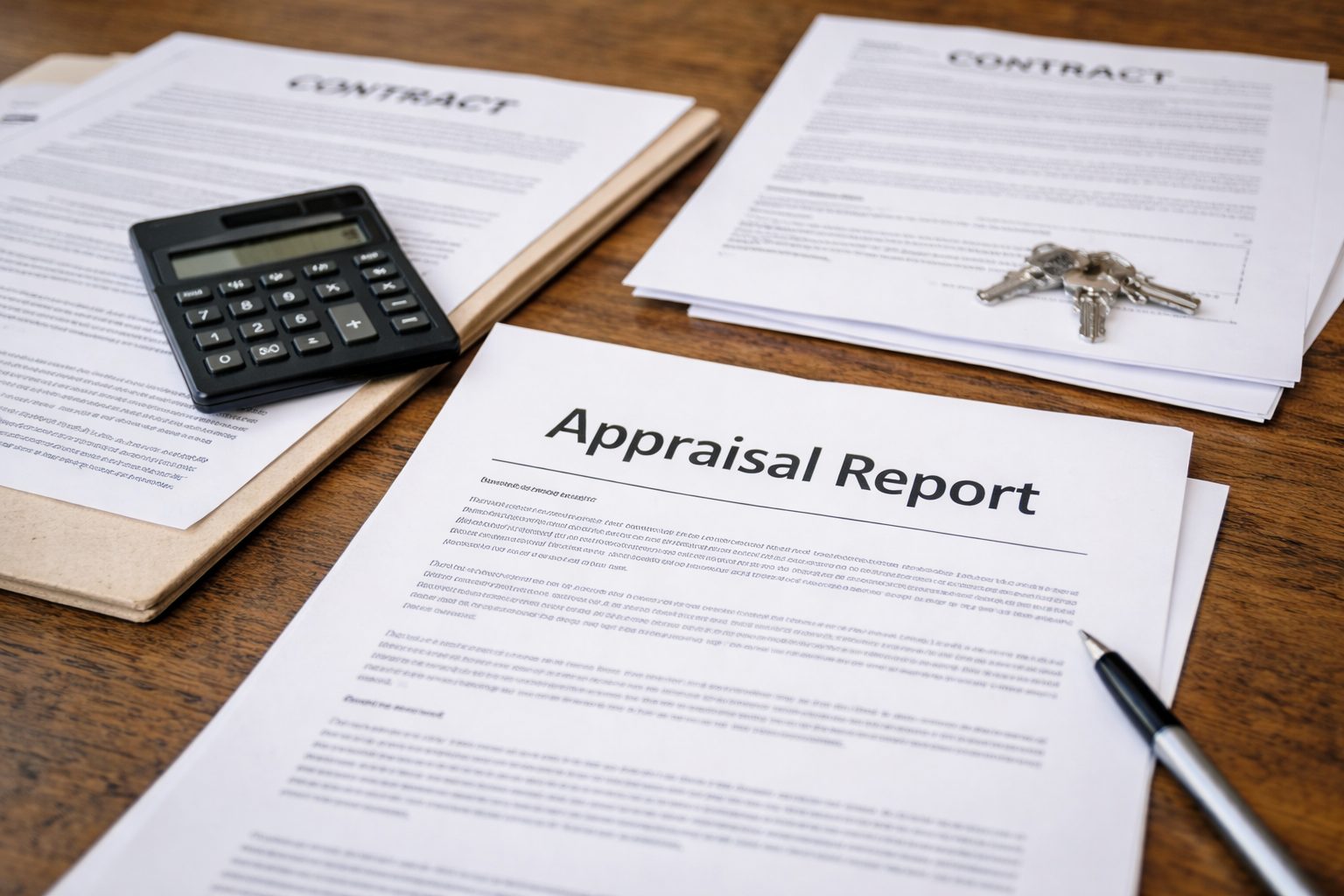 Close-up of appraisal report, contract paperwork, and calculator on a table during a Michigan home purchase