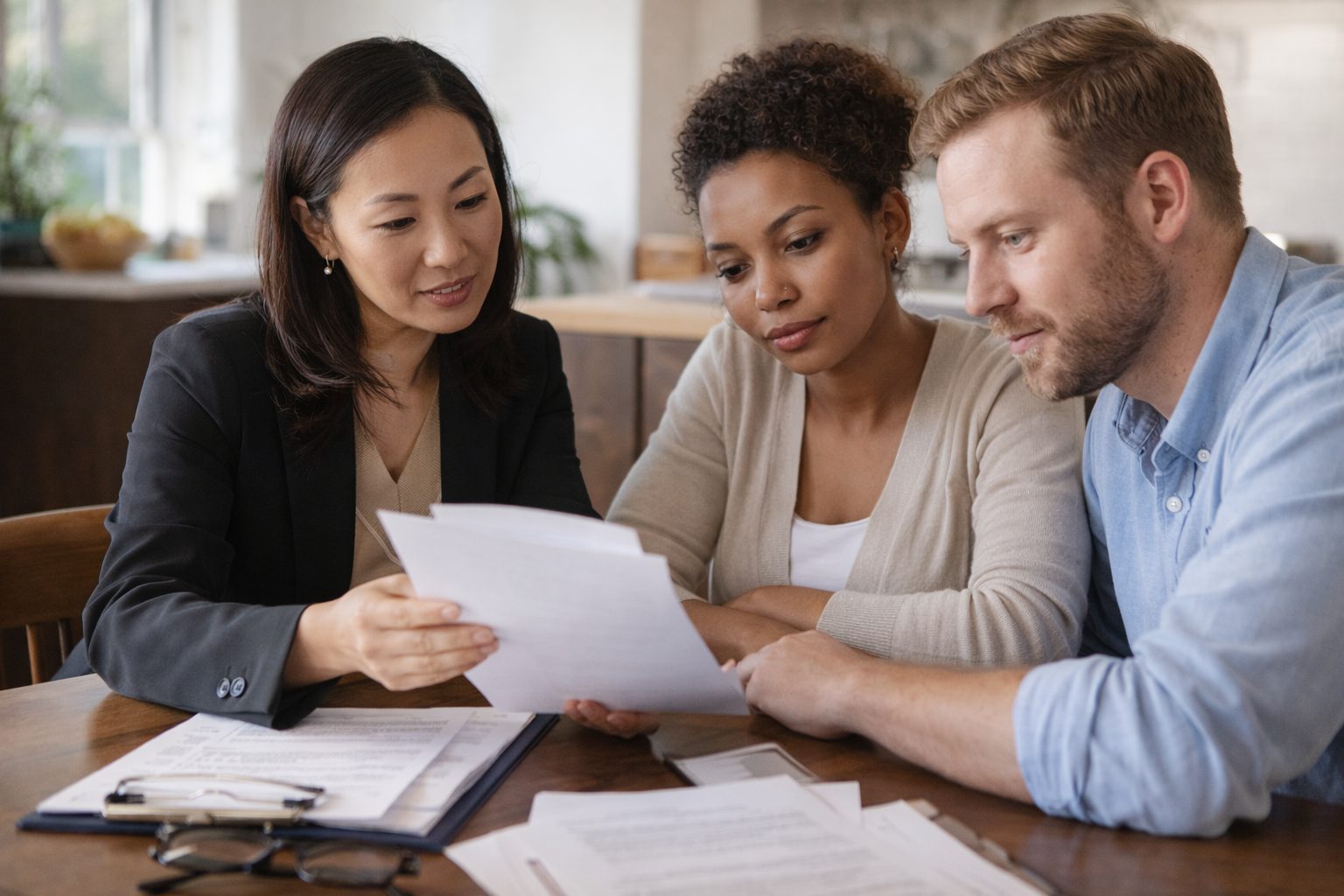 Real estate agent reviewing closing documents with clients at a kitchen table before a Michigan home closing