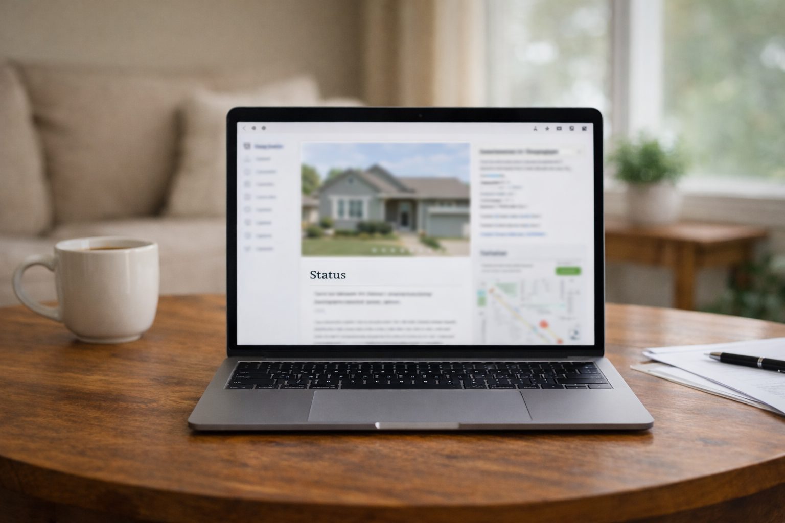 Laptop displaying a home listing with status section visible on a table in a Michigan home