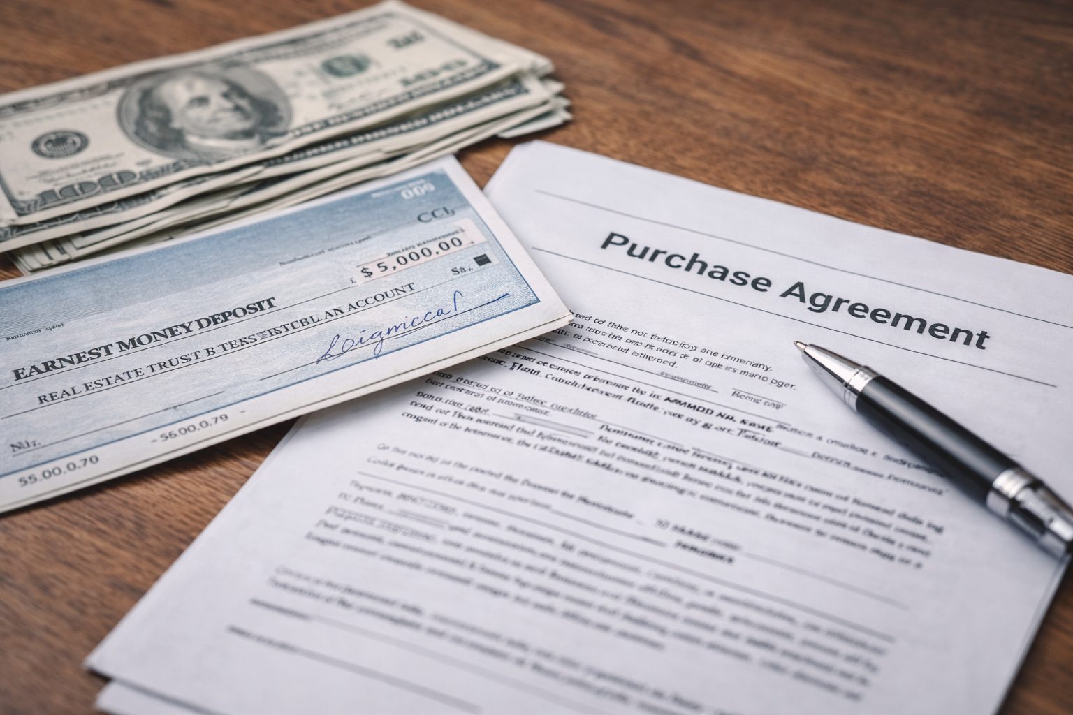Close up of Michigan purchase agreement and earnest money deposit during a multiple offer situation