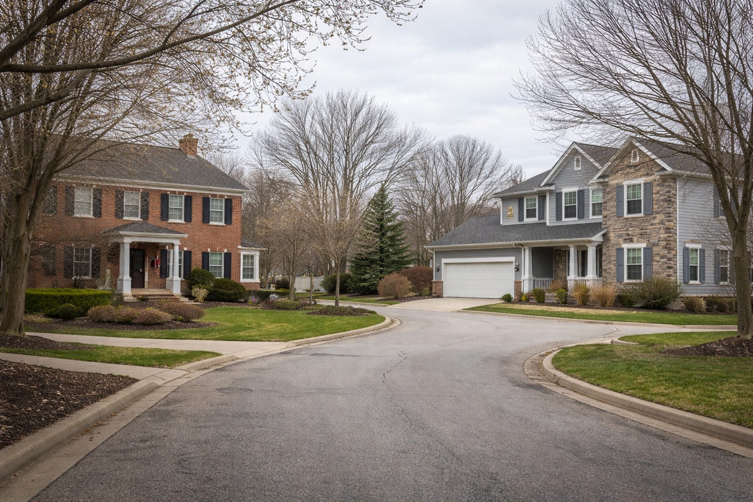 Quiet Michigan neighborhood showing two different home styles on the same street
