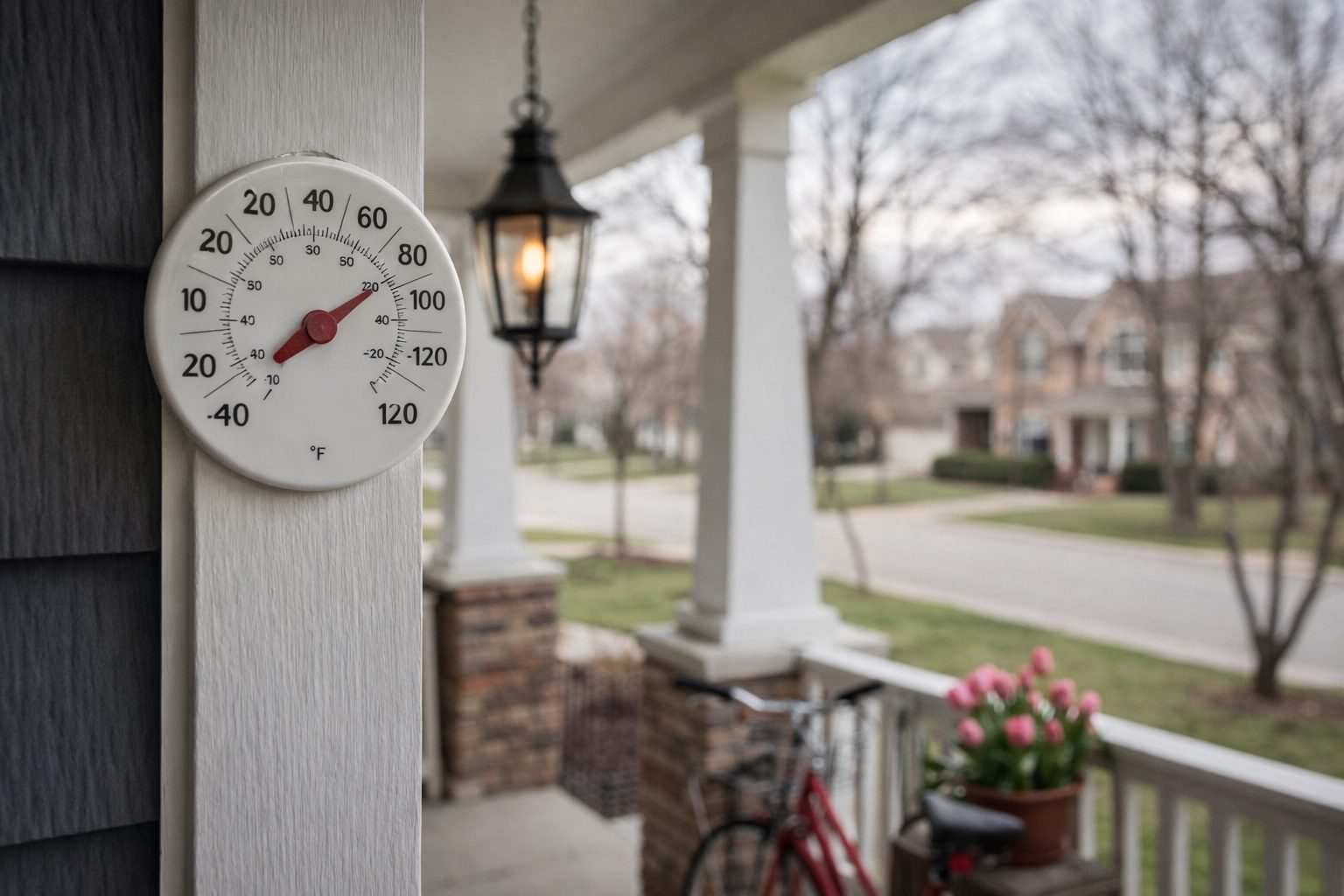 Porch thermometer showing mild spring temperatures in a Michigan neighborhood