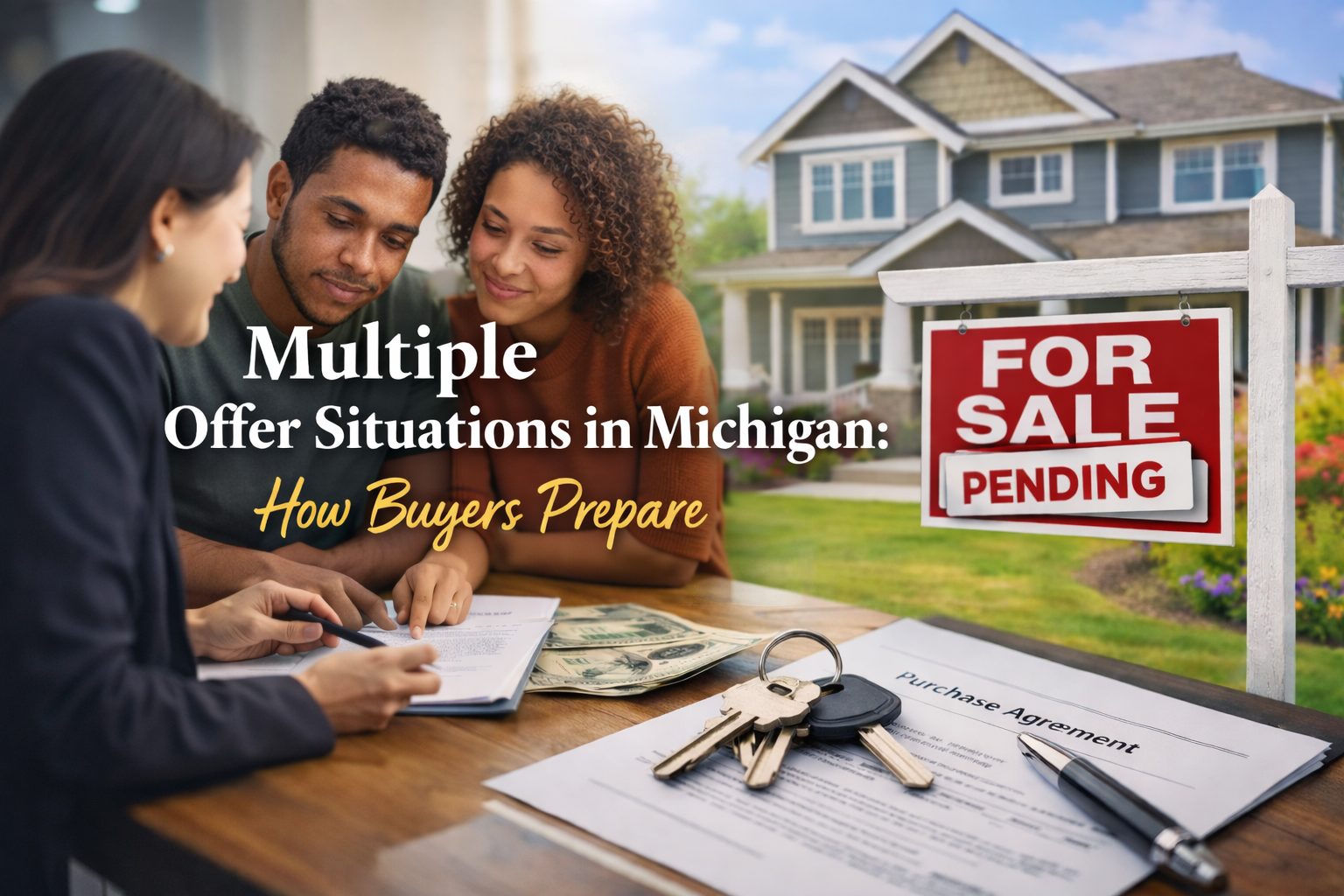 Michigan real estate agent reviewing purchase agreement with buyers during a multiple offer situation