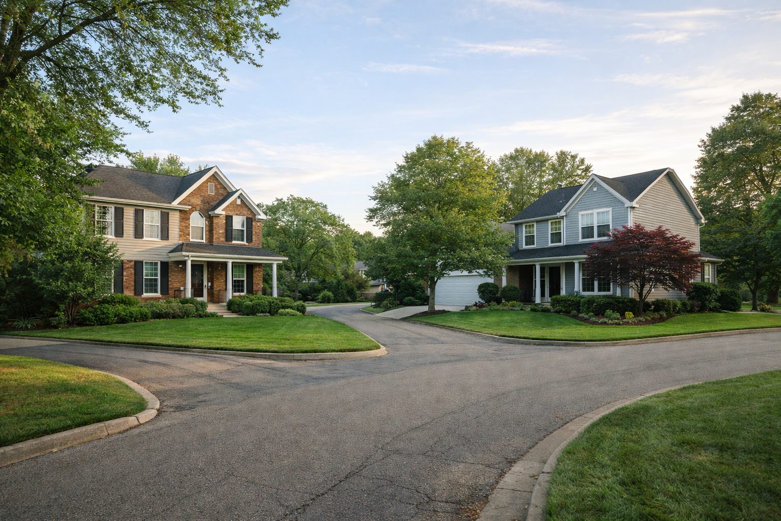 Two suburban homes on a quiet Southeast Michigan street representing the decision to sell before buying
