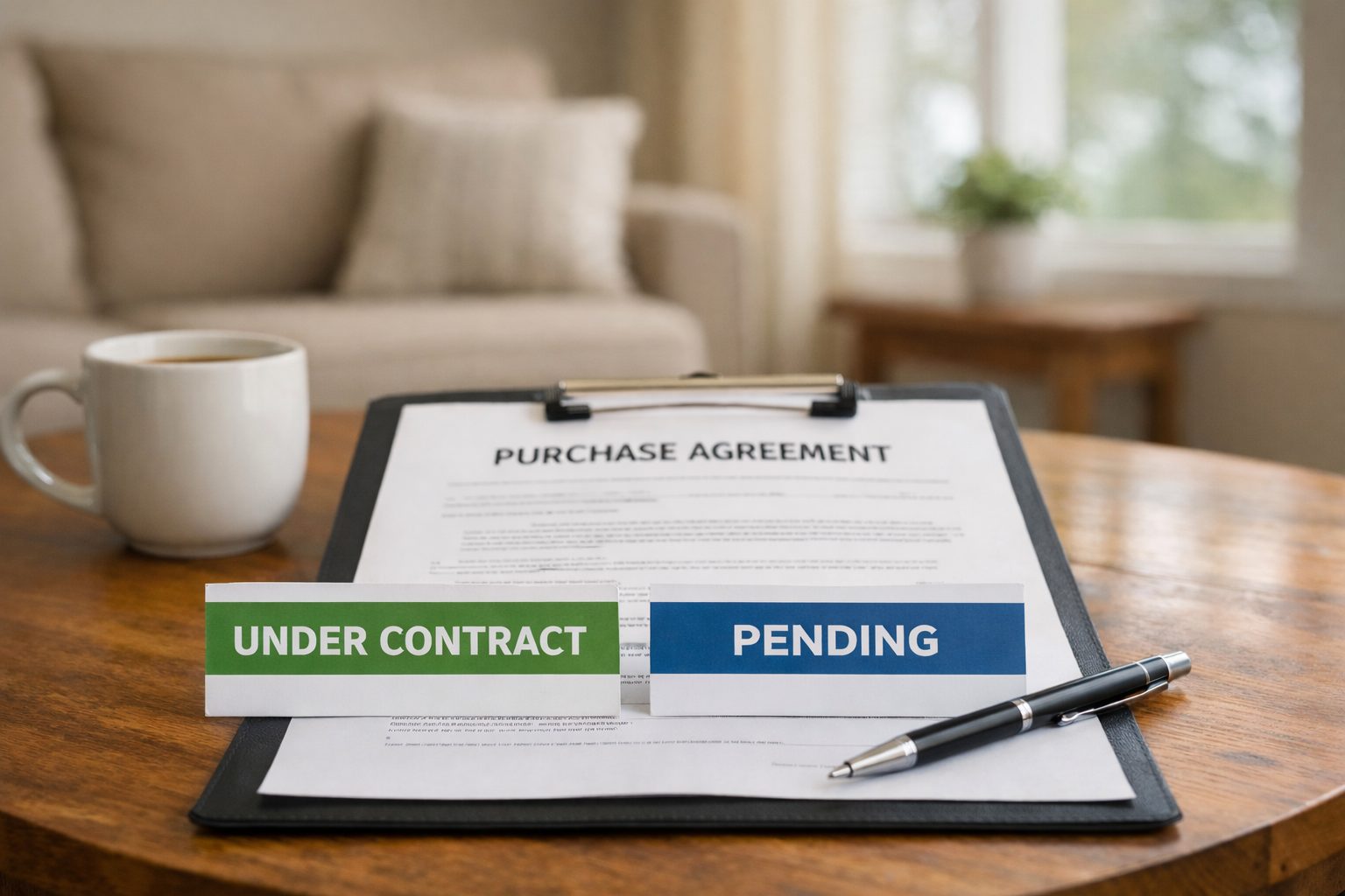 Real estate purchase agreement paperwork on a table inside a Michigan home