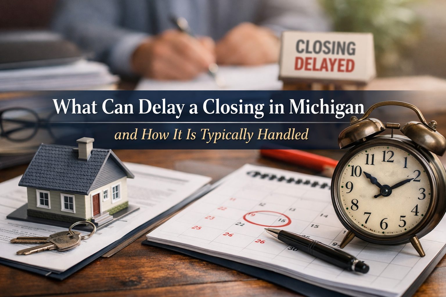 Calendar, house model, keys, and alarm clock on closing documents representing potential closing delays in a Michigan real estate transaction