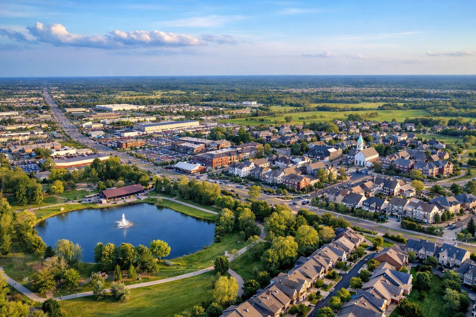 Aerial view of Canton Michigan showing neighborhoods, parks, and commercial areas in western Wayne County