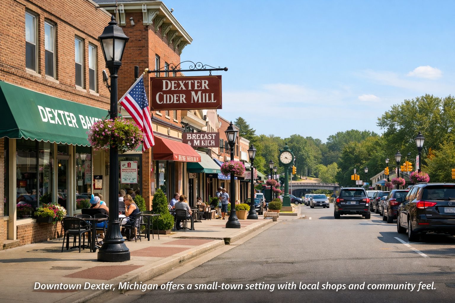 Downtown Dexter Michigan with local shops and small town atmosphere for home buyers