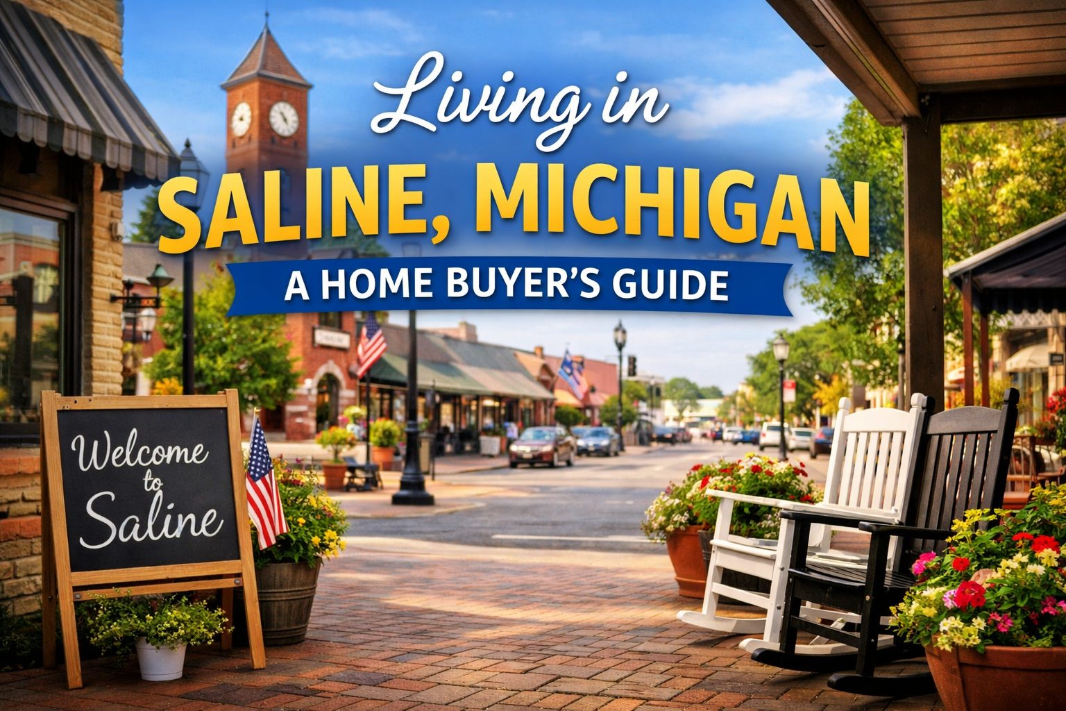 Downtown Saline Michigan with local shops and clock tower representing lifestyle for home buyers