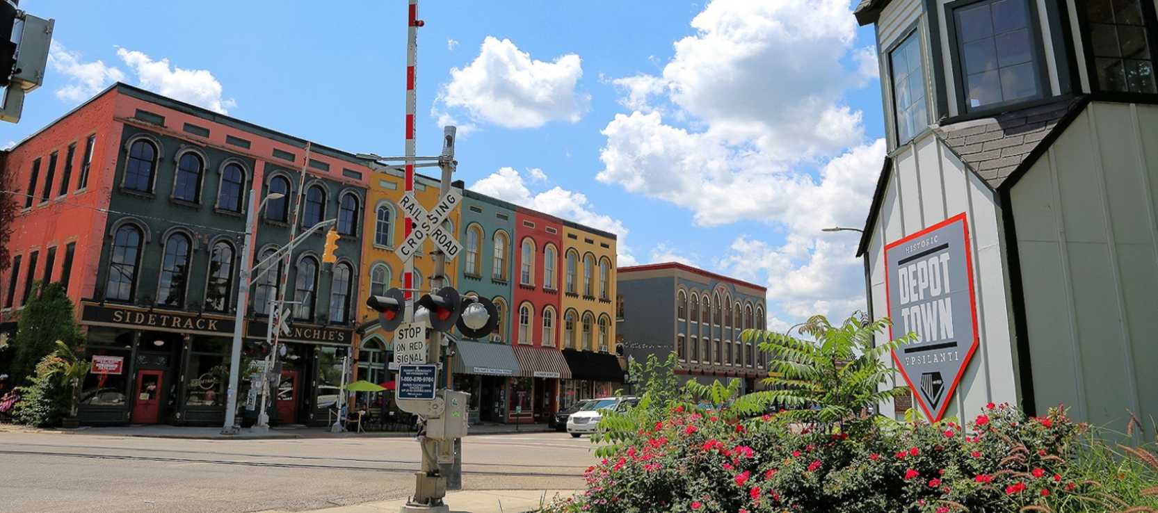 Depot Town in Ypsilanti Michigan with historic buildings, shops, and walkable streetscape