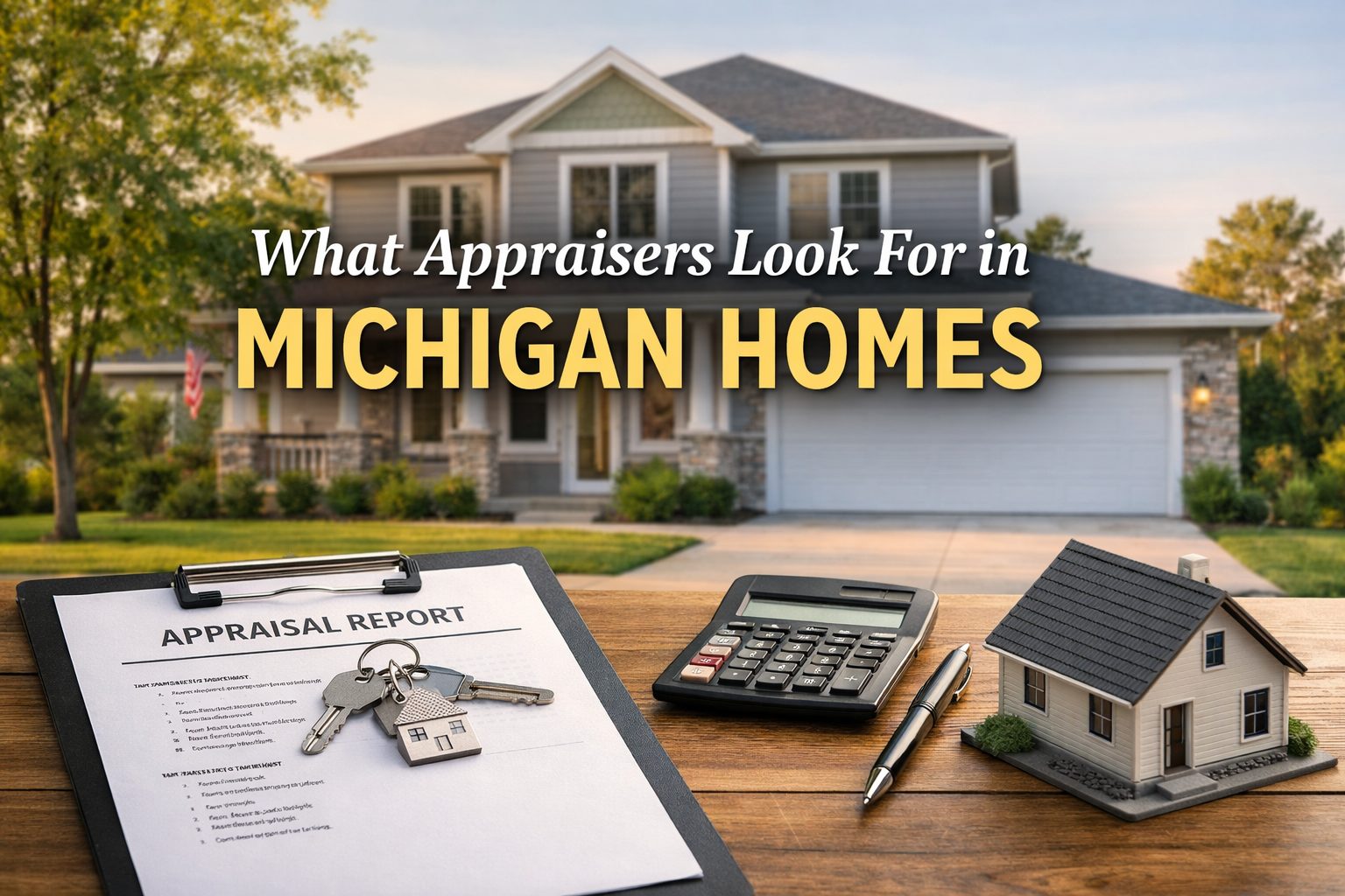 Appraisal report with keys, calculator, and model house in front of a Michigan suburban home