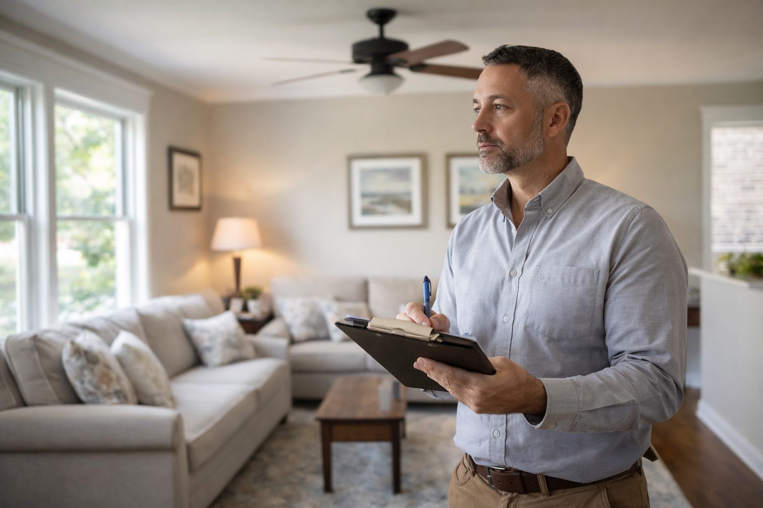Appraiser taking notes inside a Michigan home during the appraisal process