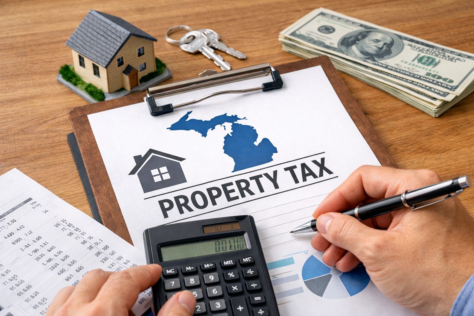 Home buyer reviewing property tax paperwork with calculator and house model while planning a home purchase in Michigan