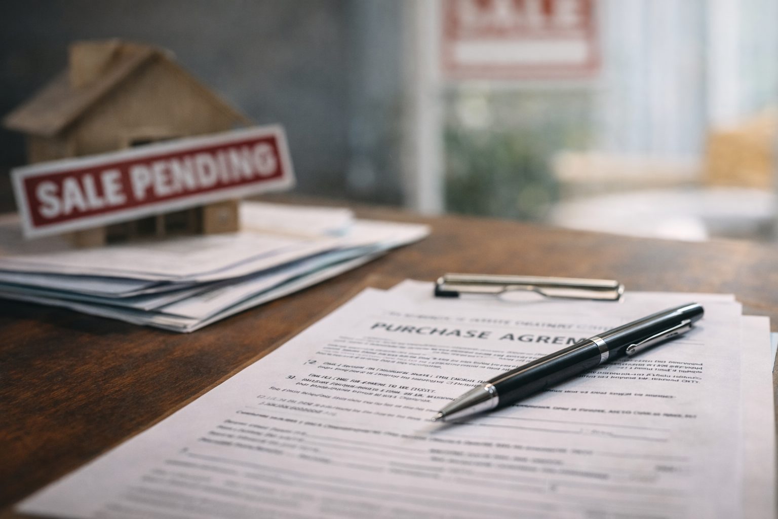 Close up of Michigan real estate purchase agreement with pen and sale pending sign in background