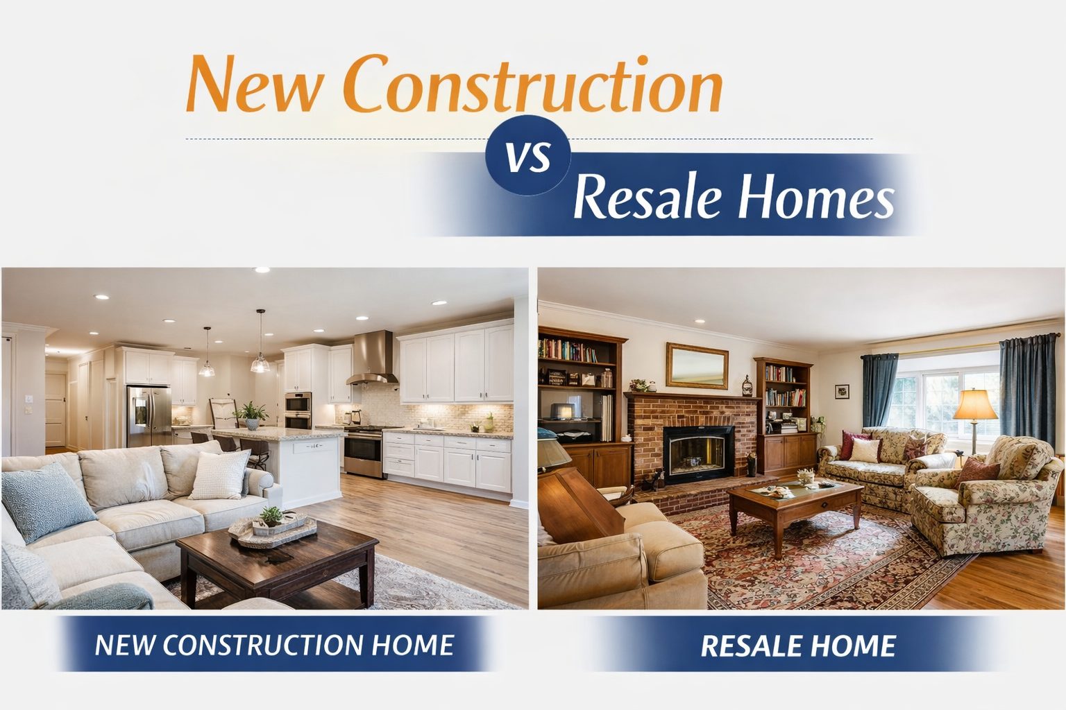 Side by side interior comparison of a modern new construction home and a traditional resale home in Southeast Michigan