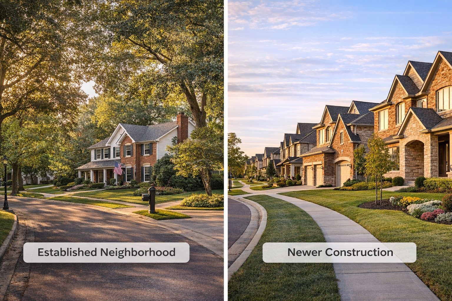Side by side comparison of established neighborhood and newer construction homes in Northville Michigan