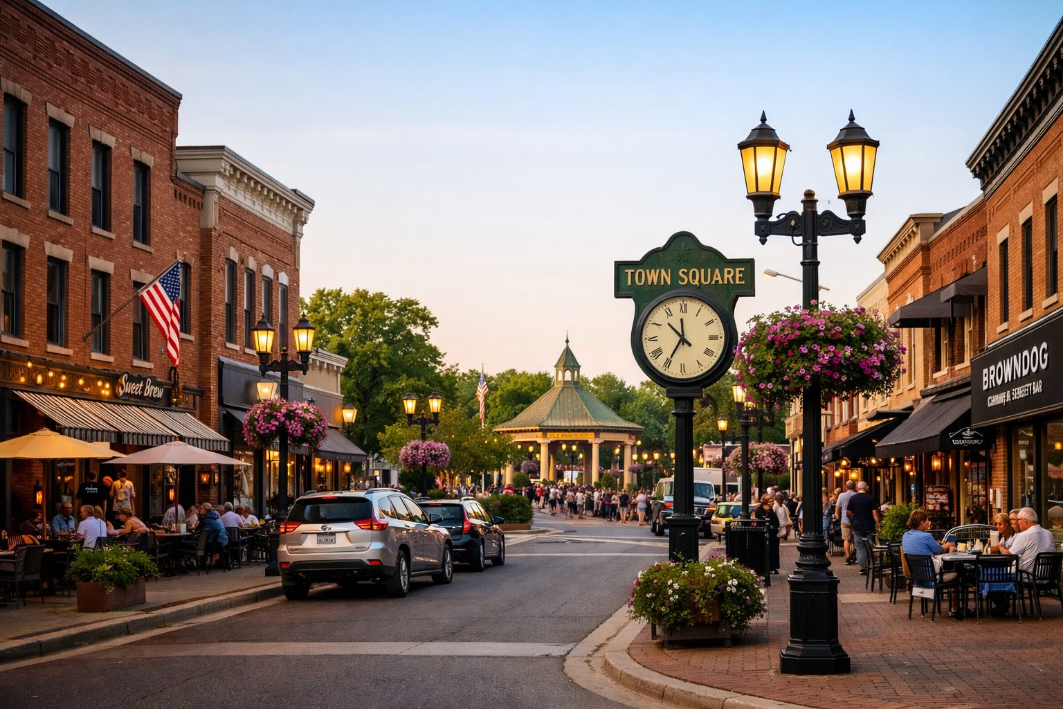 Downtown Northville Michigan featuring a walkable street with local shops, restaurants, and historic buildings