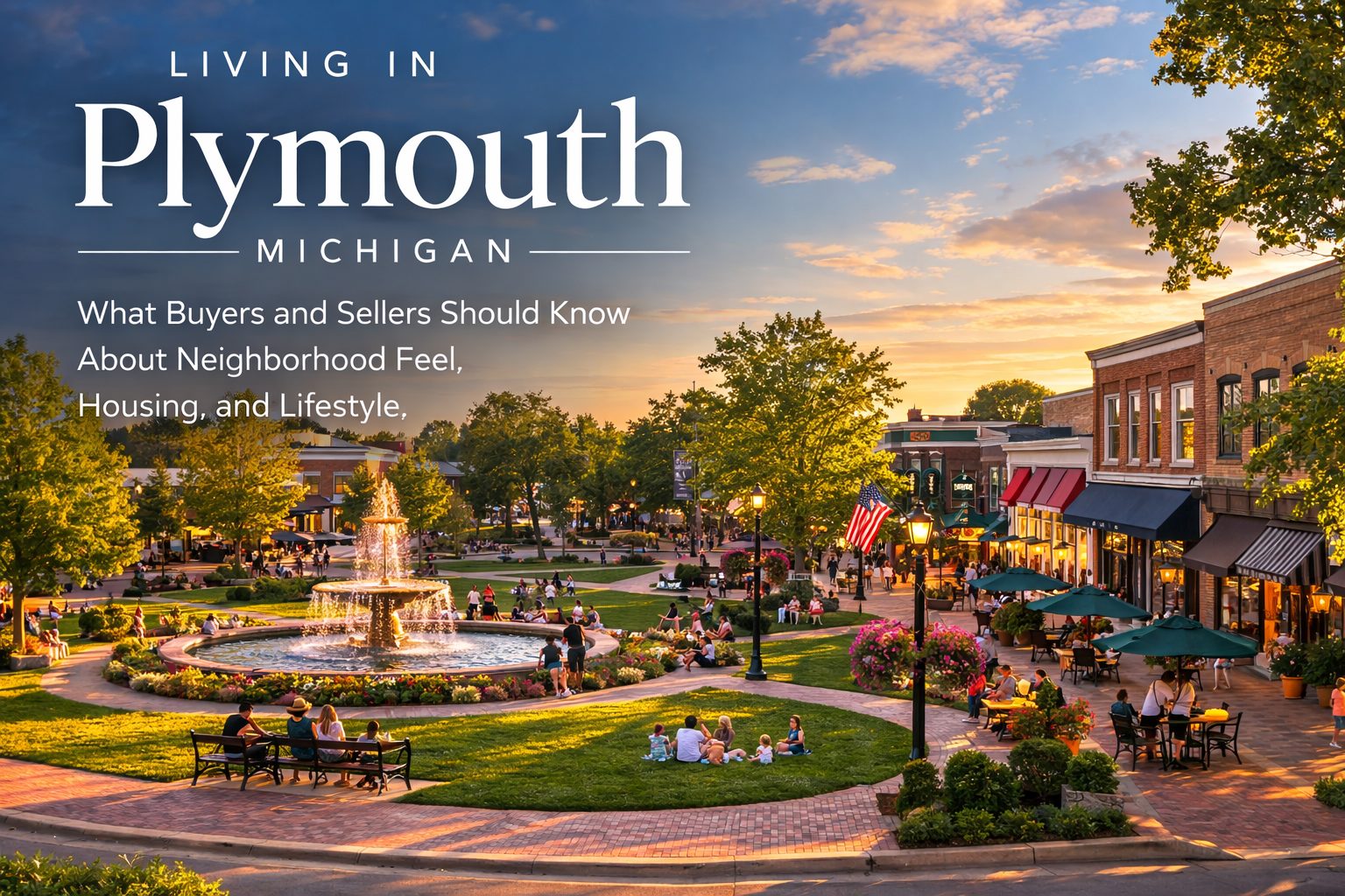 Aerial view of Kellogg Park in downtown Plymouth Michigan surrounded by local shops and restaurants