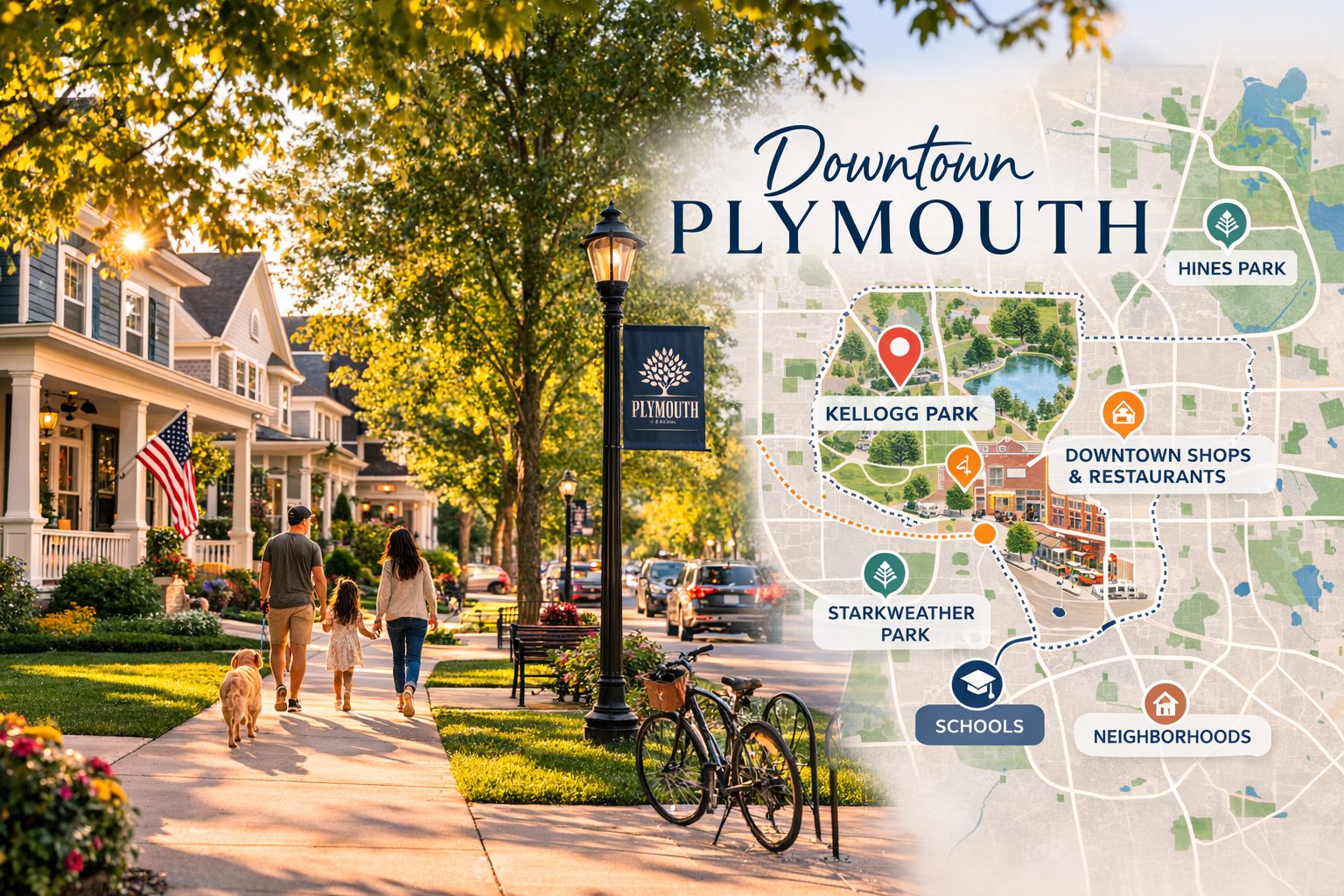 Map showing downtown Plymouth Michigan including Kellogg Park, Hines Park, and surrounding residential neighborhoods