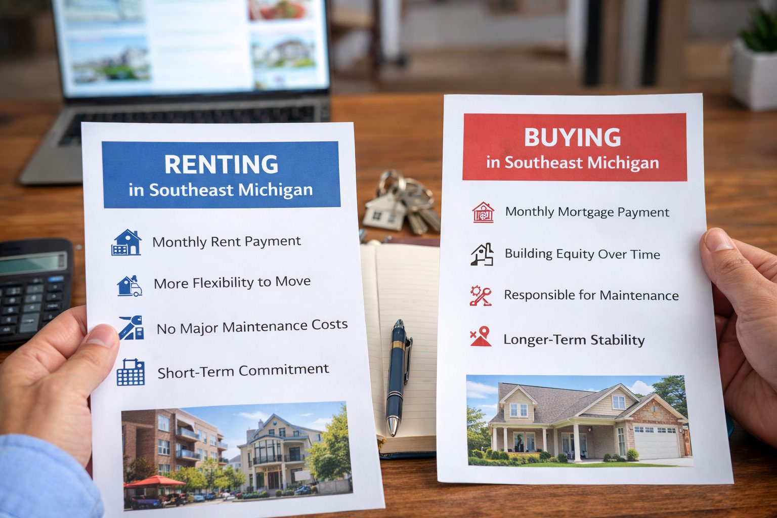 People reviewing a side by side comparison of renting versus buying a home in Southeast Michigan