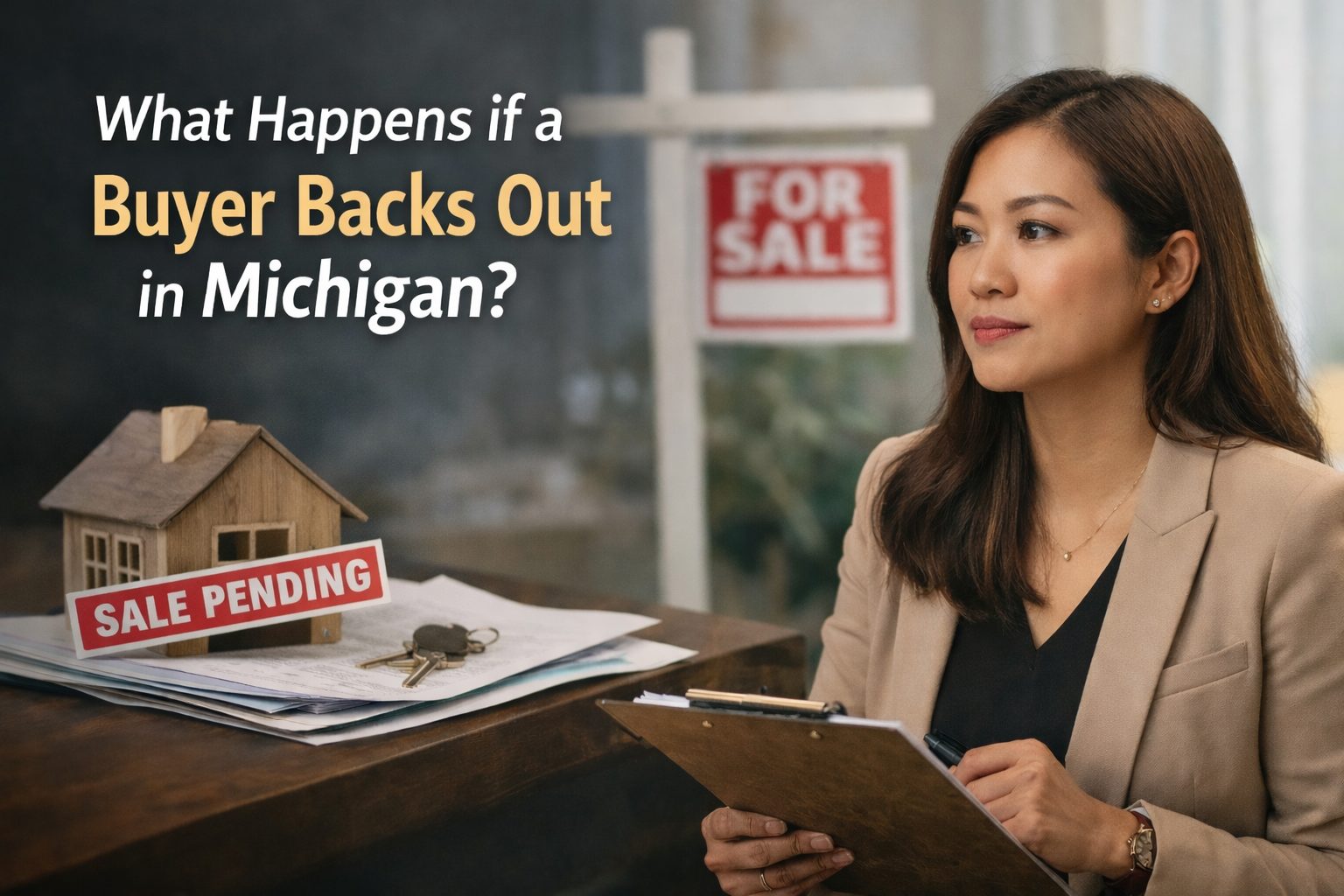 Michigan real estate agent reviewing sale pending contract after buyer backs out of home sale