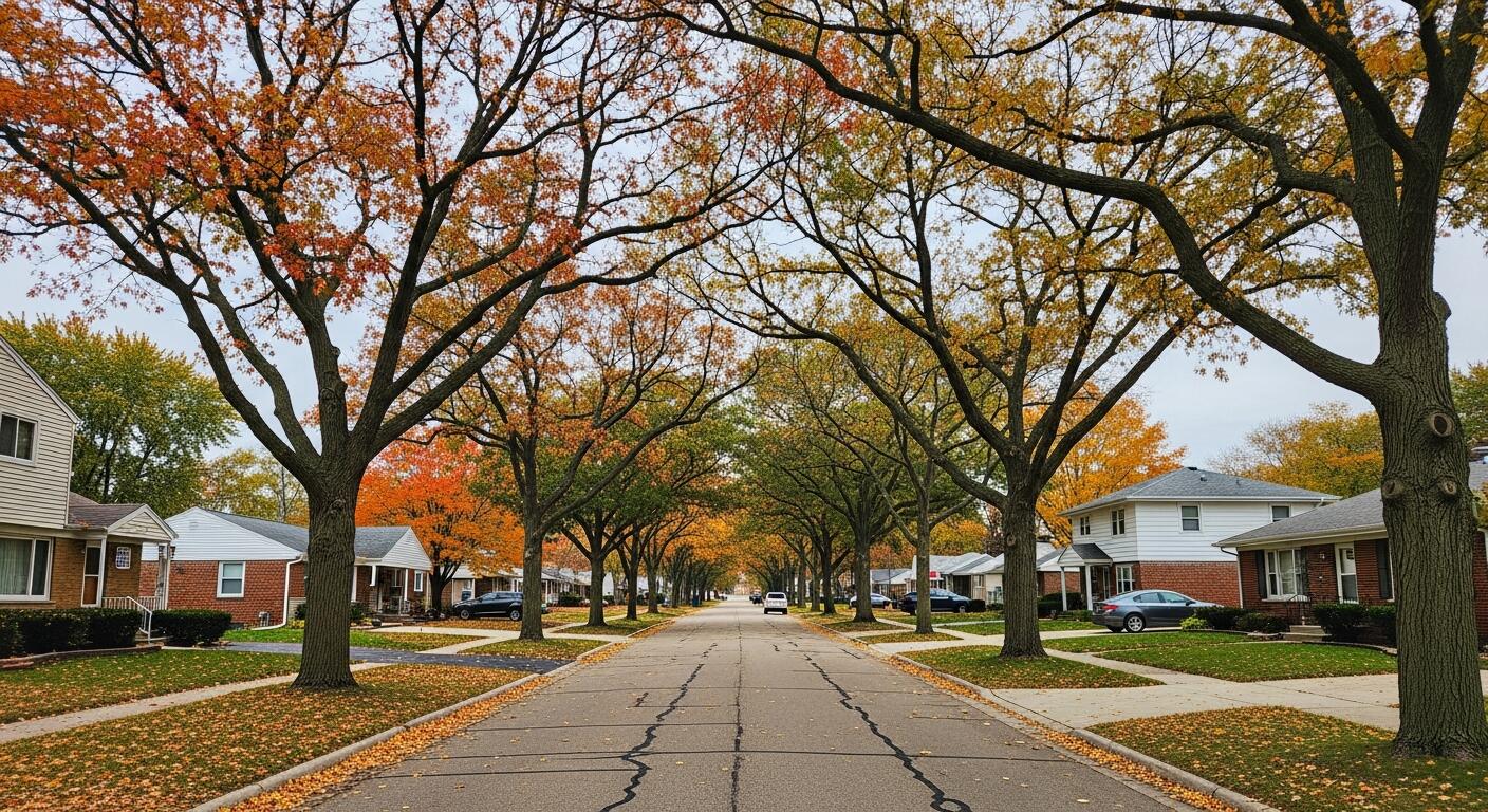 Residential neighborhood in Ypsilanti Michigan with homes, trees, and quiet street setting